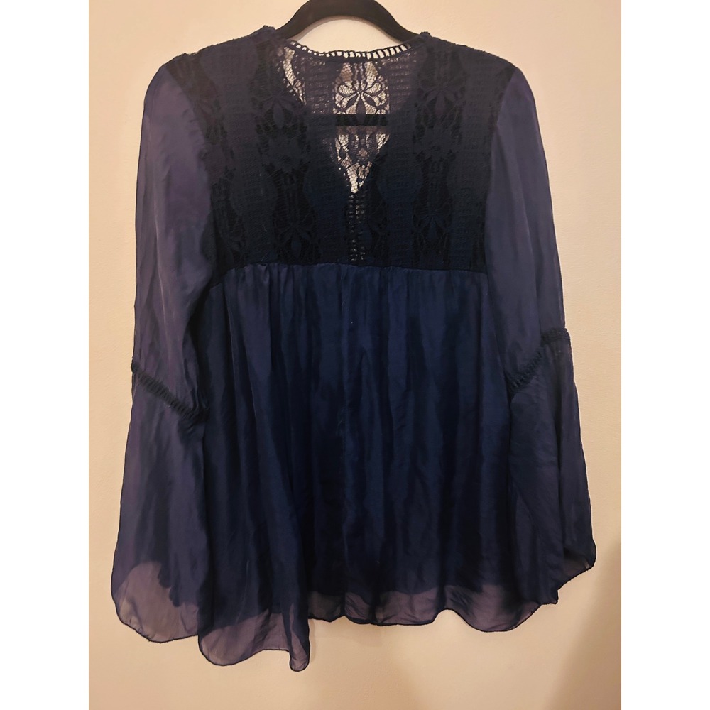 Bellambra Blouse Women Medium Navy Blue Excellent Silk Lace Boho Made in Italy - Picture 8 of 12